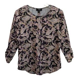 AGB BlouseTop Womens Size Medium Multicolor 3/4 Ruched Sleeves Back Buttons
